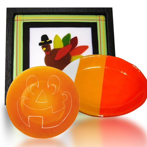 Thanksgiving Craft Idea Turkey and Pumpkin Glass Fusion Plate by Fire Glass Studio