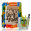 Glass Fusion Pencil Holder with Cartoon Faces and Picture Stand by Fire Glass Studio
