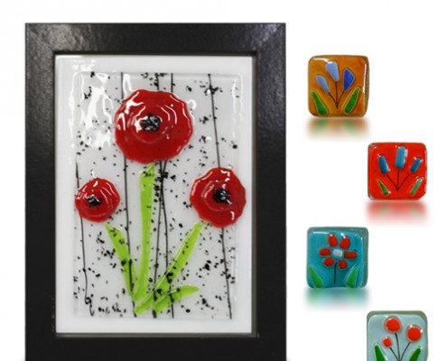 Placque Glass Fusion with Red Poppy Seed and Magnets by Fire Glass Studio