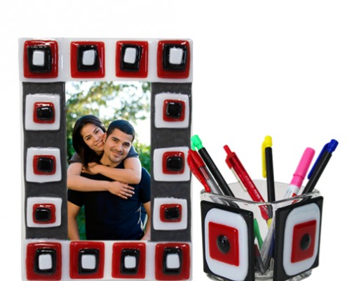 Picture Stand and Pencil Holder Glass Fusion Red, Black and White by Fire Glass Studio