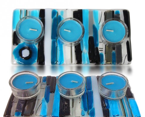Tea Light Candle Holder Glass Fusion in Blue, Black and White by Fire Glass Studio