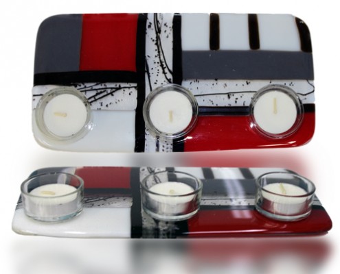 Tea Light Candle Holder Glass Fusion in Red, Black and White by Fire Glass Studio