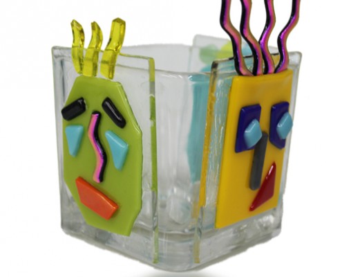 Pencil Holder Glass Fusion with Cartoon Faces by Fire Glass Studio