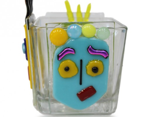 Pencil Holder Glass Fusion with Cartoon Faces by Fire Glass Studio